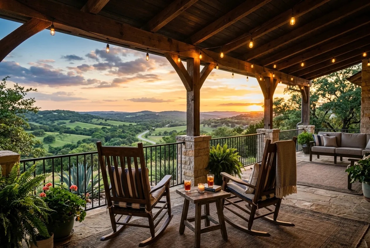 Hill Country backyard and outdoor living area at sunset