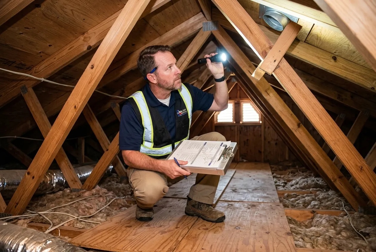 Home inspector checking attic framing with a flashlight