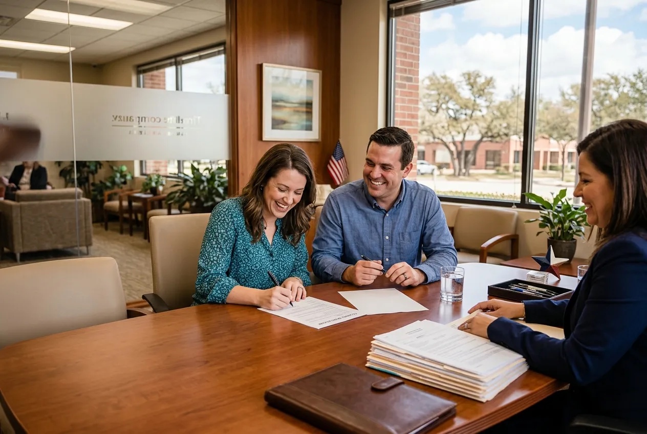 Buyers reviewing real estate paperwork at a closing table
